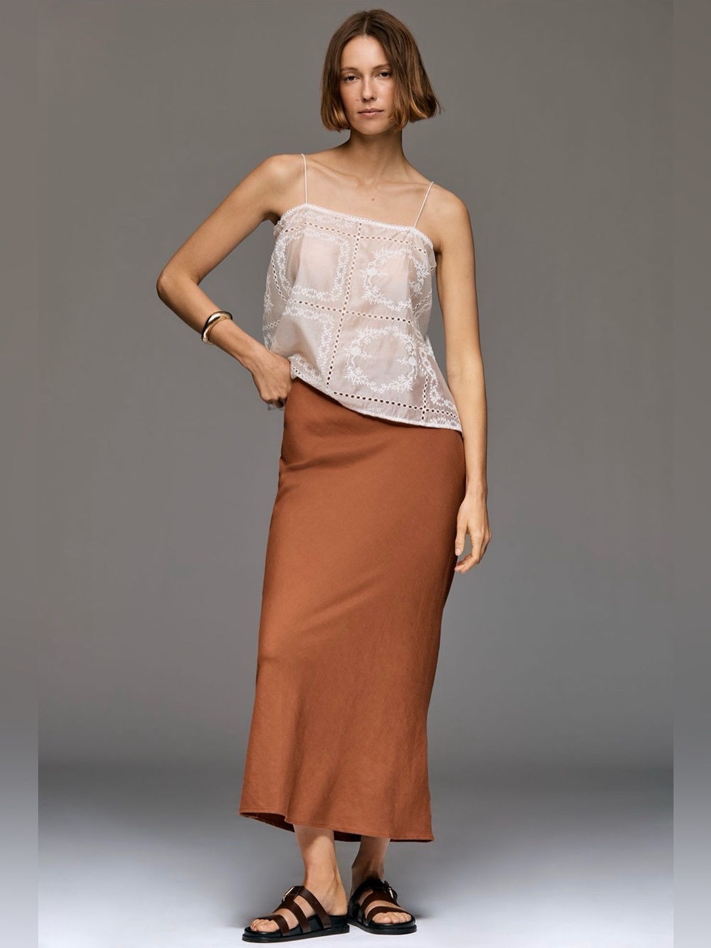 Anthropologie Tilda Linen Maxi Skirt Rust Brown Bias Cut